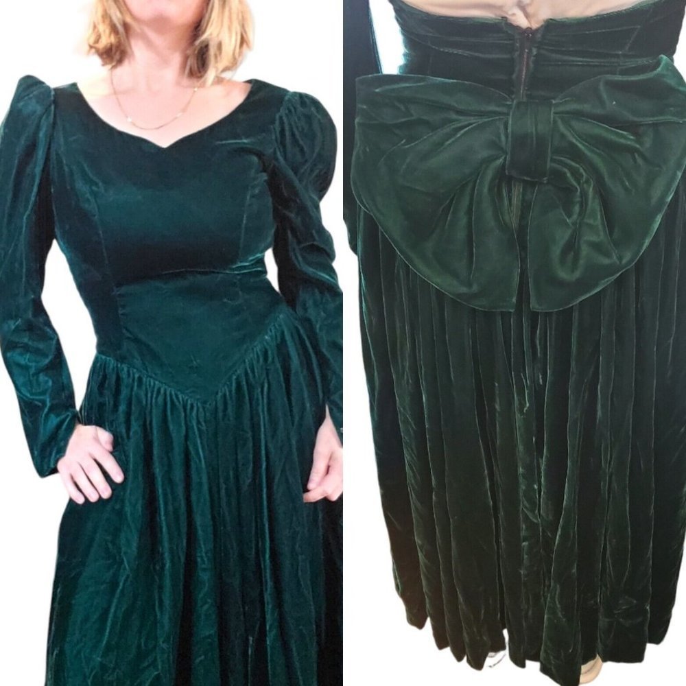 80 Green Velvet Long Midi Formal Dress Longsleeve Puff Sleeve Size 6 Big Bow